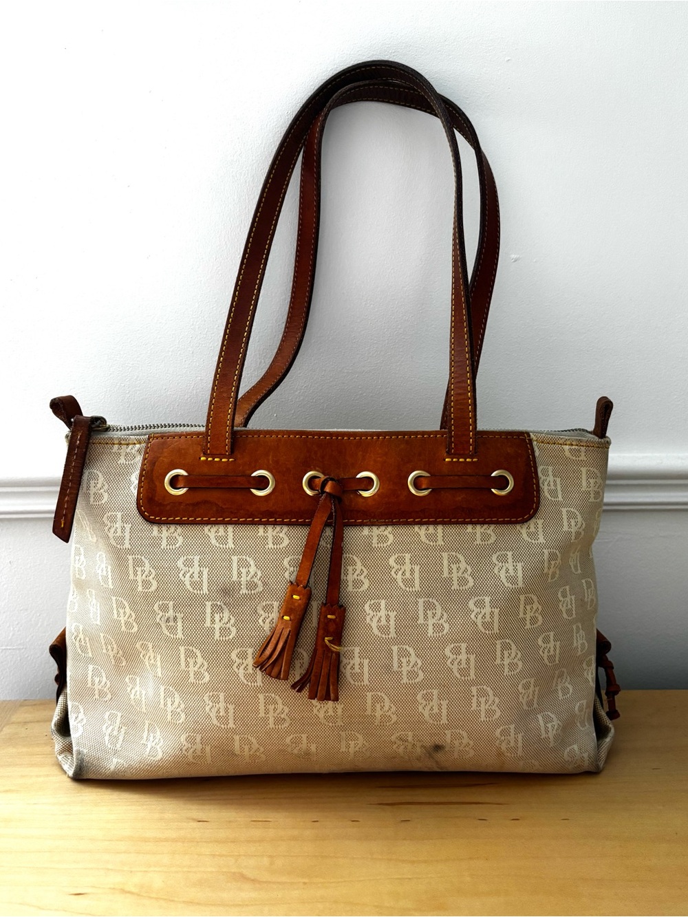 DOONEY & BOURKE Classic Beige & Brown Leather Satchel Handbag